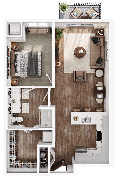 Floor plan for 1 bed, 1 bath, 796 sqft